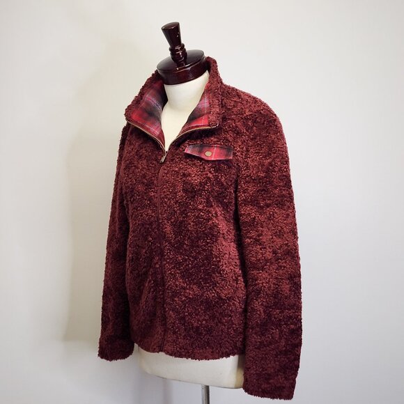 Pendleton Hi-Pile Fuzzy Sherpa Full Zip Fleece Jacket Maroon Plaid Trim Womens L - Picture 5 of 14